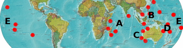 Map showing locations of Cribrarula specimens